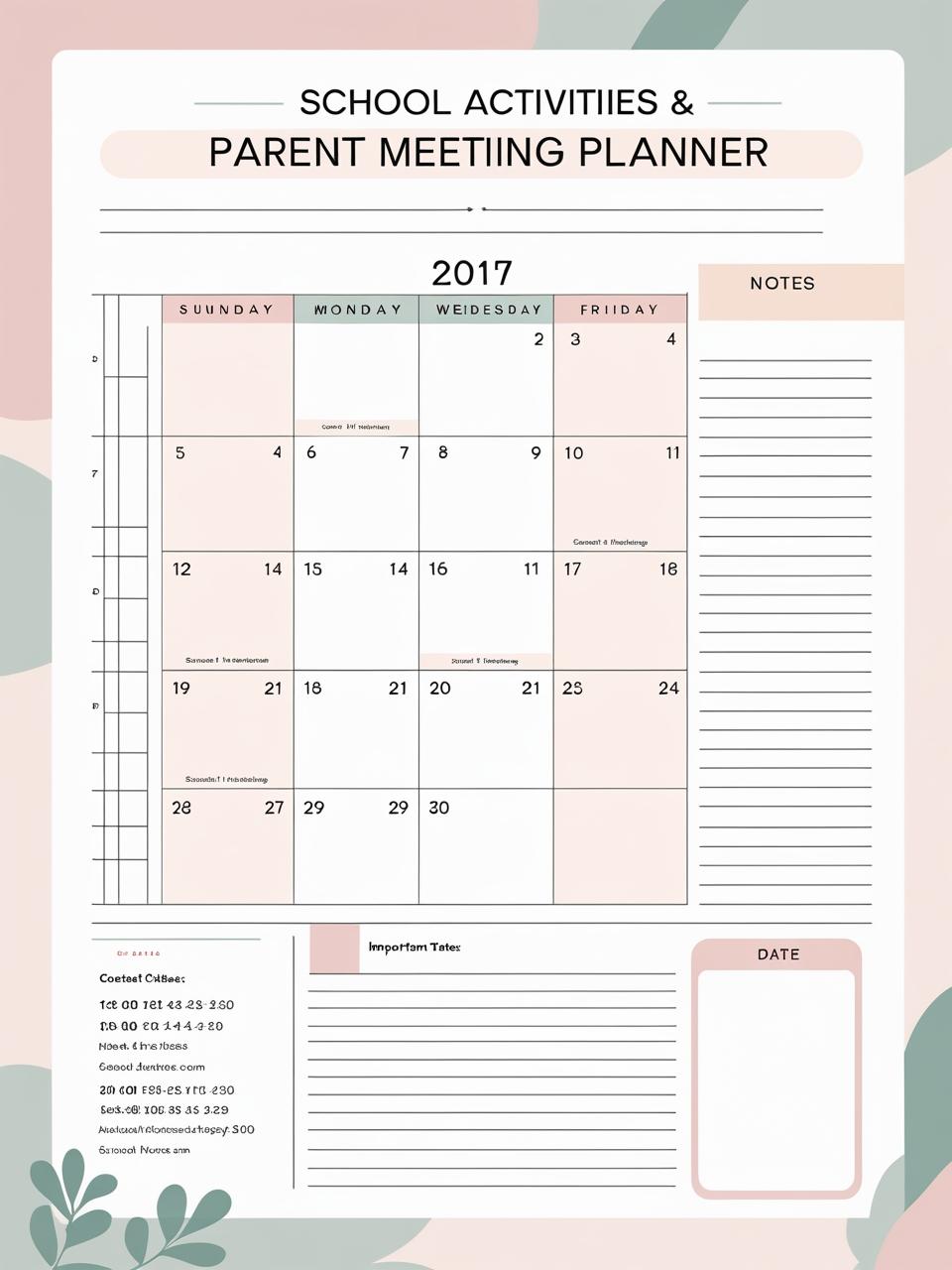 School Activities & Parent Meeting Planner Template